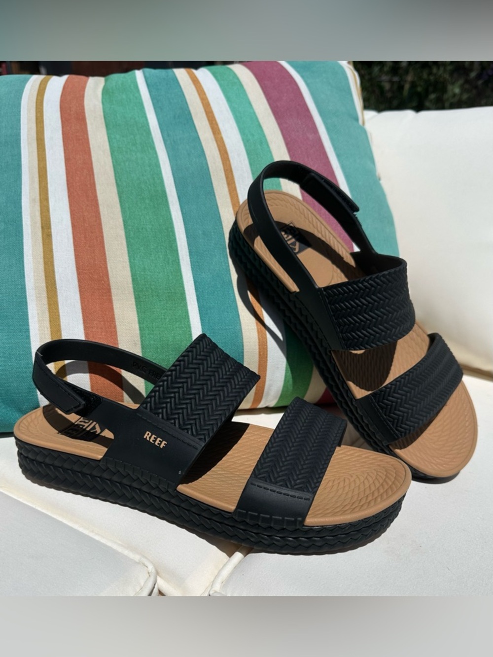 Reef Women’s Black and Tan Platform Sandals with Textured Straps